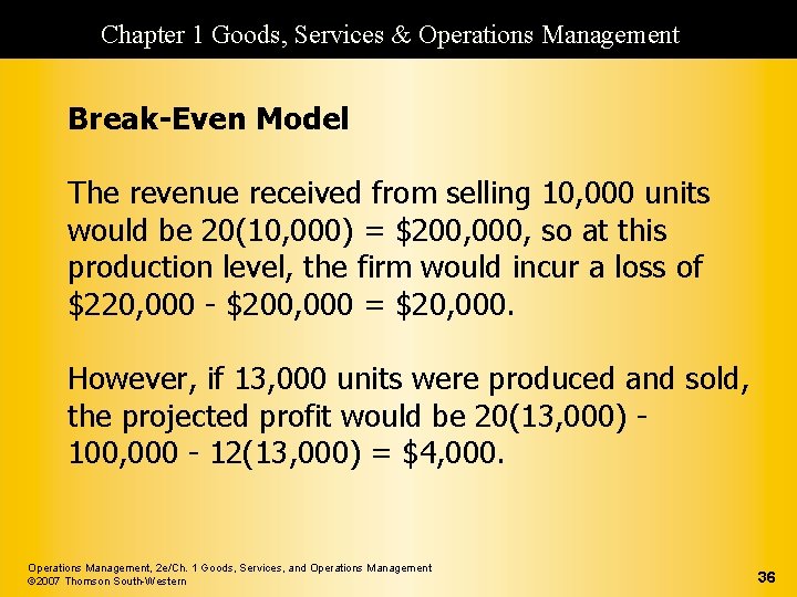 Chapter 1 Goods, Services & Operations Management Break-Even Model The revenue received from selling