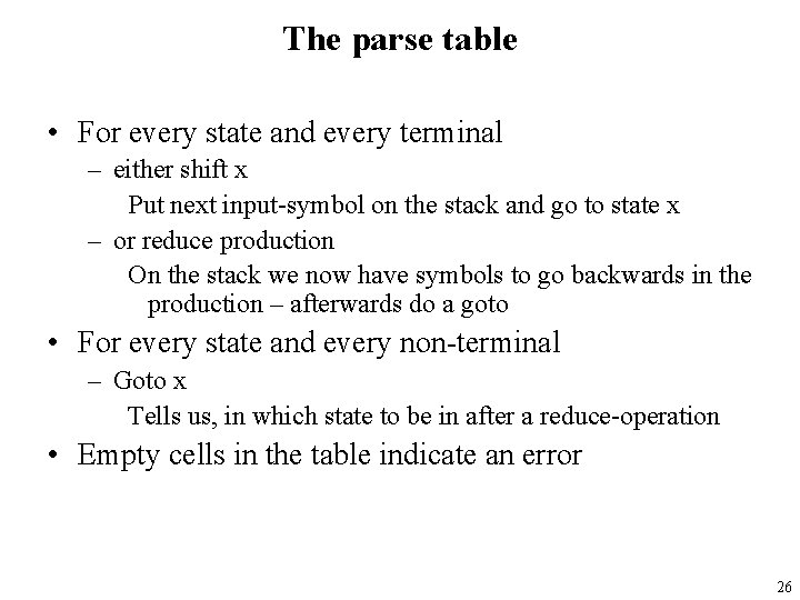 The parse table • For every state and every terminal – either shift x