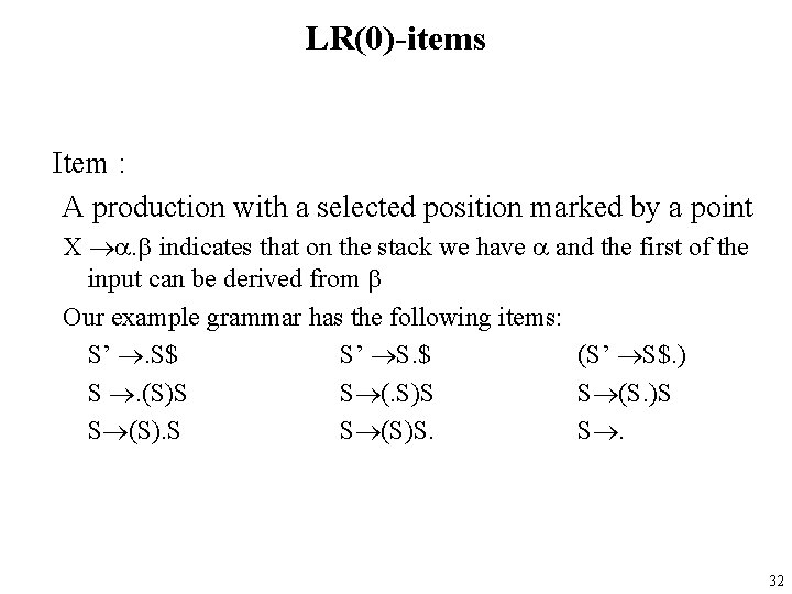 LR(0)-items Item : A production with a selected position marked by a point X