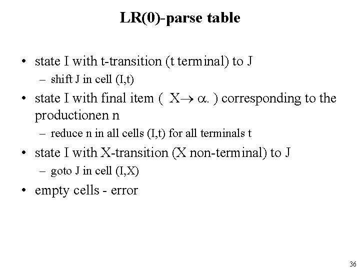 LR(0)-parse table • state I with t-transition (t terminal) to J – shift J