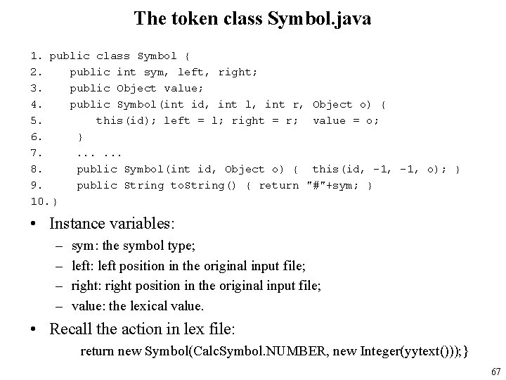 The token class Symbol. java 1. public class Symbol { 2. public int sym,