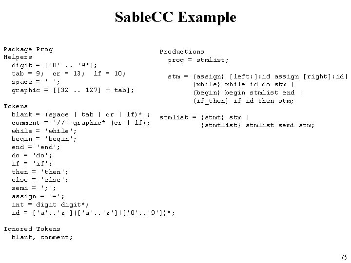 Sable. CC Example Package Prog Helpers digit = ['0'. . '9']; tab = 9;