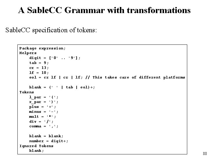 A Sable. CC Grammar with transformations Sable. CC specification of tokens: Package expression; Helpers