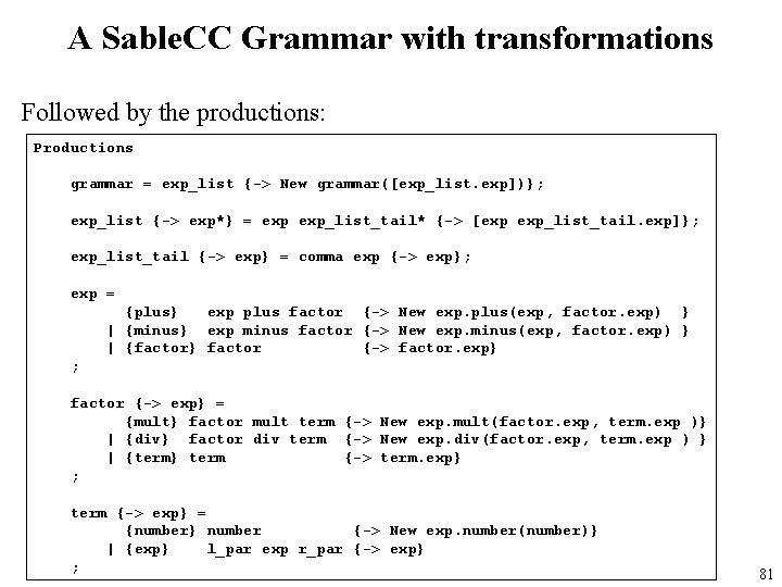 A Sable. CC Grammar with transformations Followed by the productions: Productions grammar = exp_list