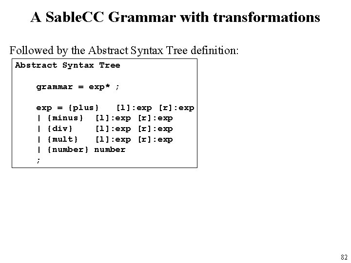 A Sable. CC Grammar with transformations Followed by the Abstract Syntax Tree definition: Abstract