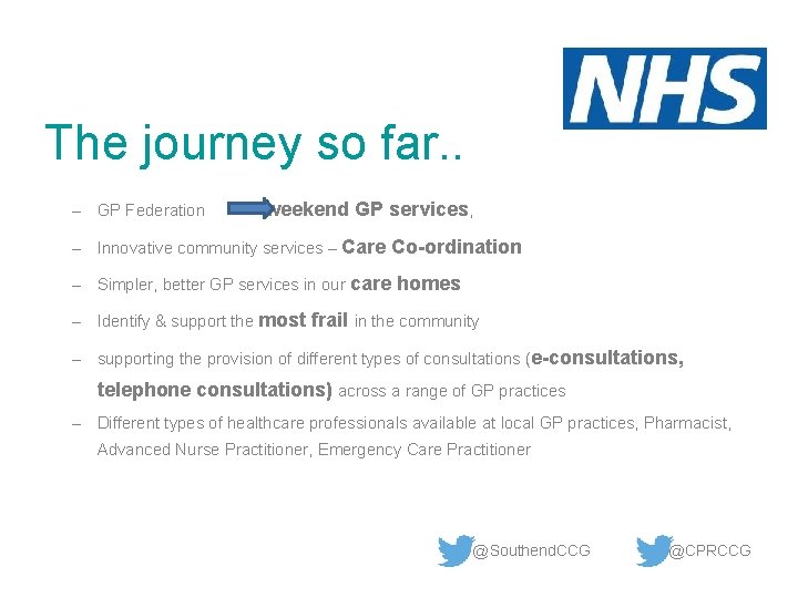 The journey so far. . – GP Federation weekend GP services, – Innovative community