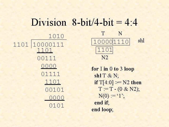 Division 8 -bit/4 -bit = 4: 4 1010 1101 10000111 1101 00111 0000 01111 Division 8 -bit/4 -bit = 4: 4 1010 1101 10000111 1101 00111 0000 01111
