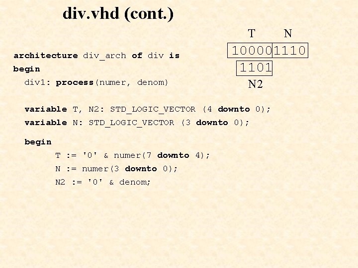 div. vhd (cont. ) T architecture div_arch of div is begin div 1: process(numer, div. vhd (cont. ) T architecture div_arch of div is begin div 1: process(numer,