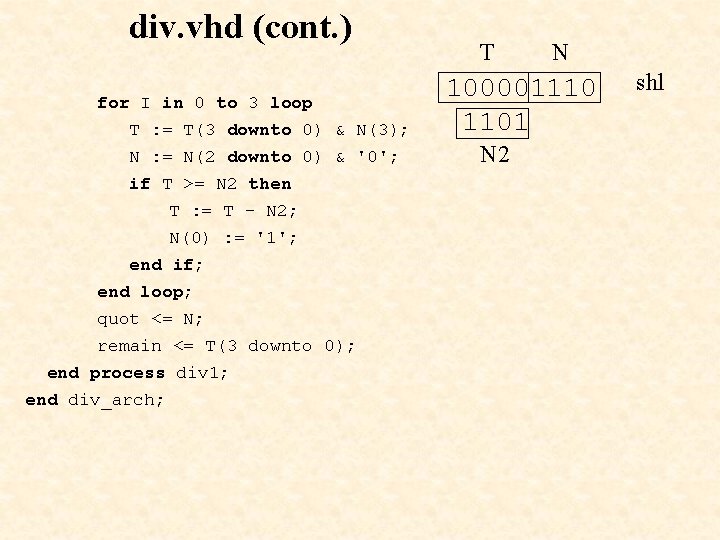 div. vhd (cont. ) for I in 0 to 3 loop T : = div. vhd (cont. ) for I in 0 to 3 loop T : =