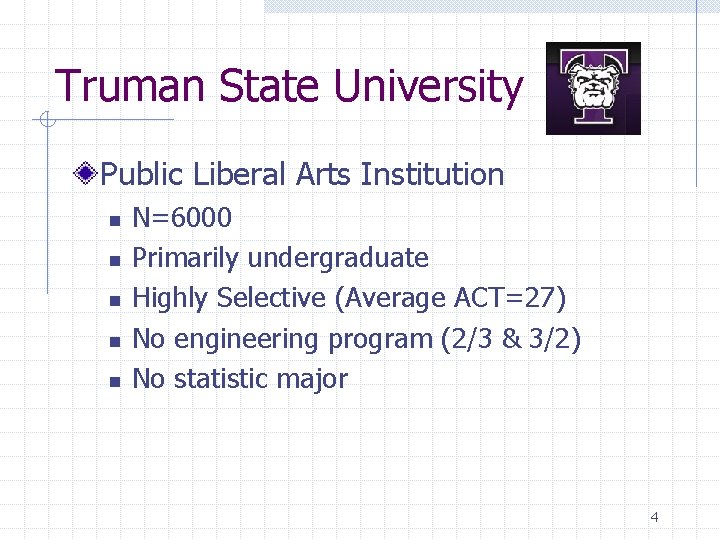 Truman State University Public Liberal Arts Institution n n N=6000 Primarily undergraduate Highly Selective