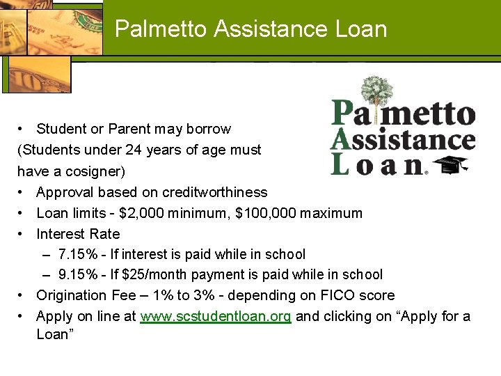 Palmetto Assistance Loan • Student or Parent may borrow (Students under 24 years of