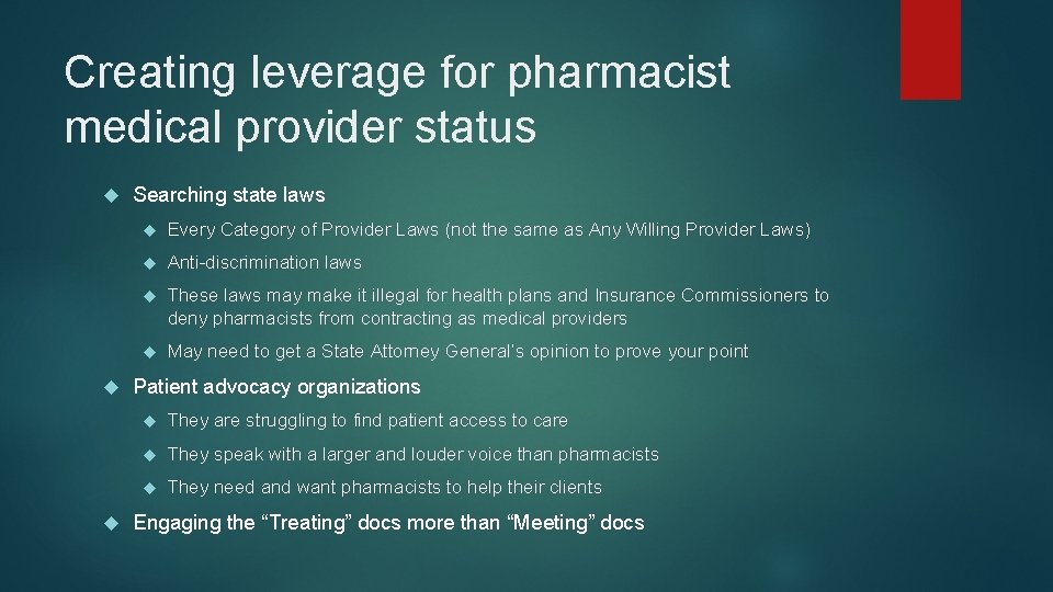 Creating leverage for pharmacist medical provider status Searching state laws Every Category of Provider