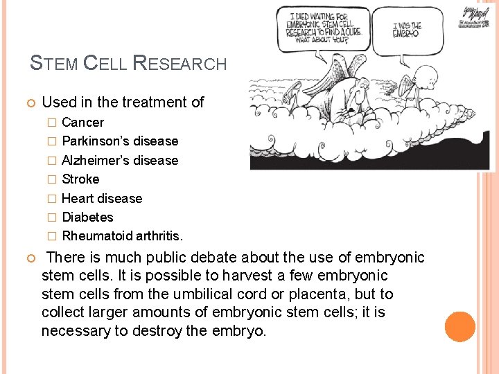 STEM CELL RESEARCH Used in the treatment of � � � � Cancer Parkinson’s