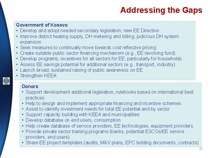 Addressing the Gaps Government of Kosovo: • Develop and adopt needed secondary legislation, new