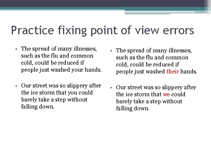 Practice fixing point of view errors • The spread of many illnesses, such as