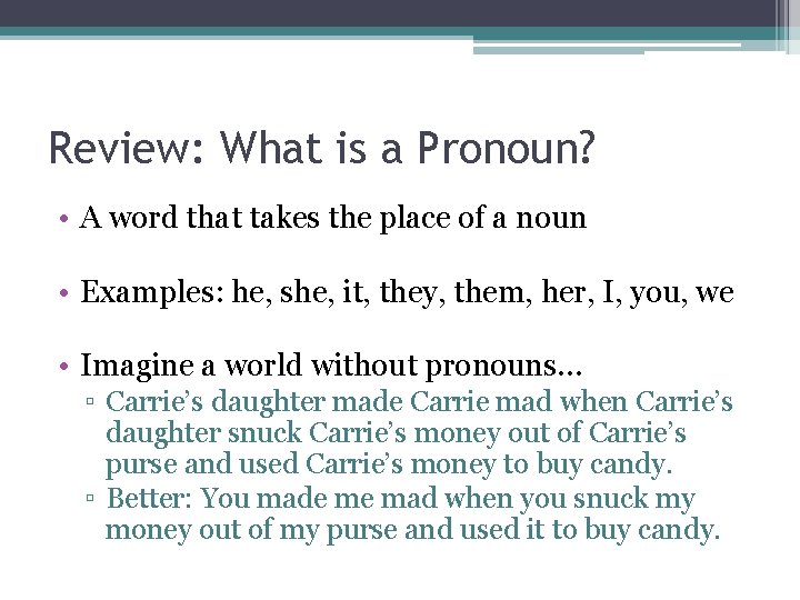 Review: What is a Pronoun? • A word that takes the place of a