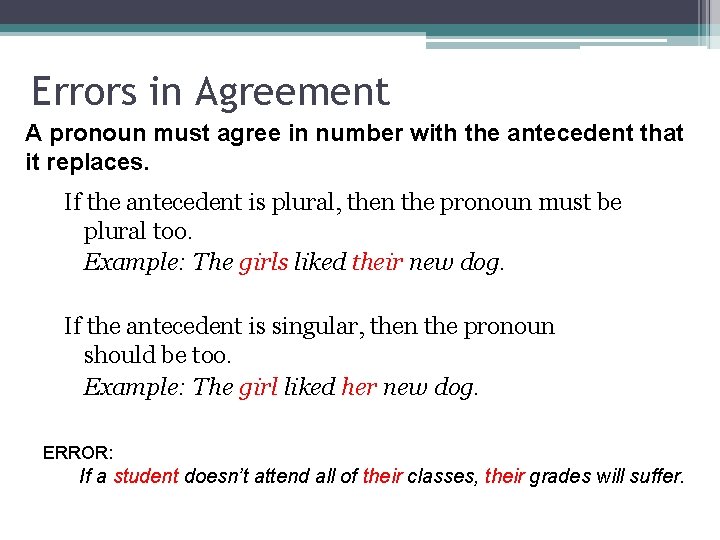 Errors in Agreement A pronoun must agree in number with the antecedent that it