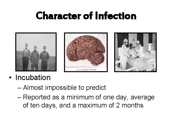 Character of Infection • Incubation – Almost impossible to predict – Reported as a