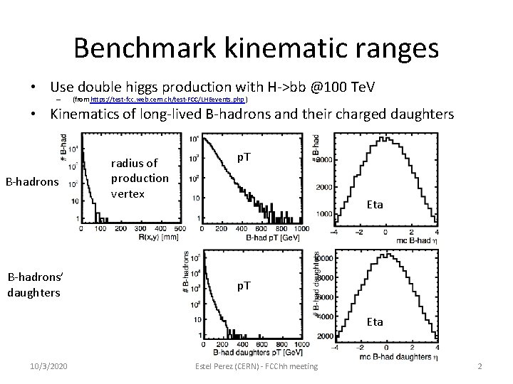 Benchmark kinematic ranges • Use double higgs production with H->bb @100 Te. V – Benchmark kinematic ranges • Use double higgs production with H->bb @100 Te. V –