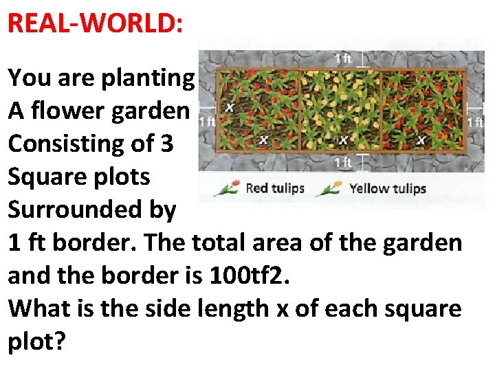 REAL-WORLD: You are planting A flower garden Consisting of 3 Square plots Surrounded by