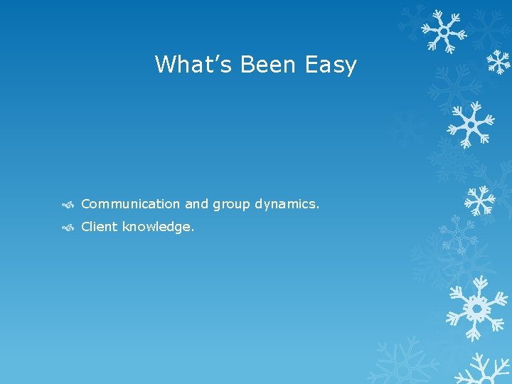 What’s Been Easy Communication and group dynamics. Client knowledge. 