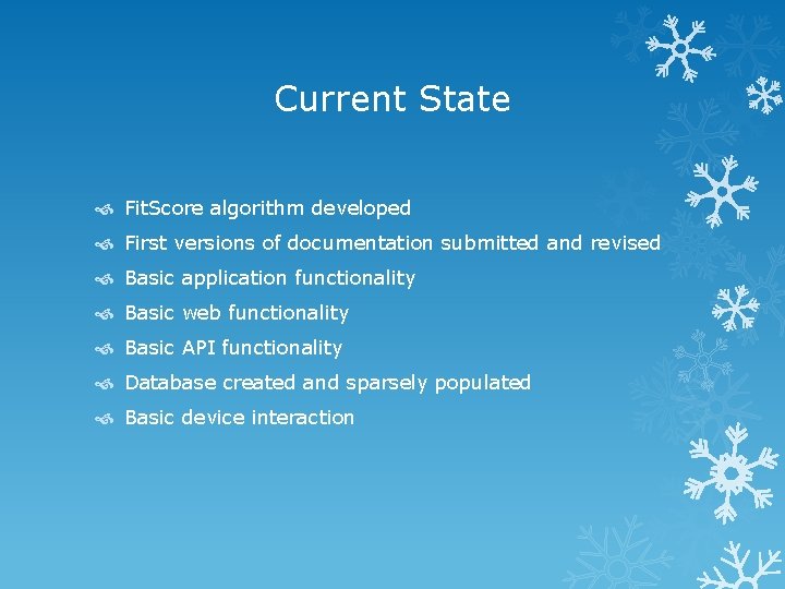 Current State Fit. Score algorithm developed First versions of documentation submitted and revised Basic