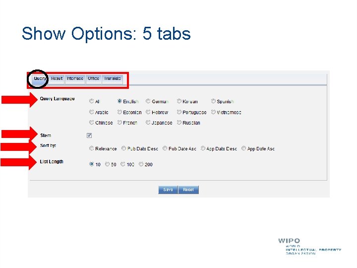 Show Options: 5 tabs 