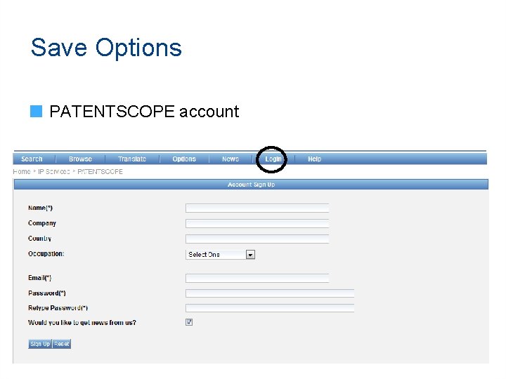 Save Options PATENTSCOPE account 