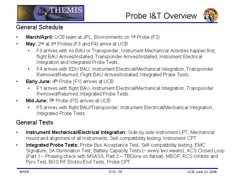 Probe I&T Overview General Schedule • • March/April: UCB team at JPL, Environments on
