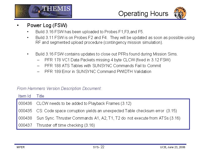 Operating Hours • Power Log (FSW) • • Build 3. 16 FSW has been