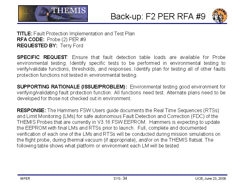 Back-up: F 2 PER RFA #9 TITLE: Fault Protection Implementation and Test Plan RFA