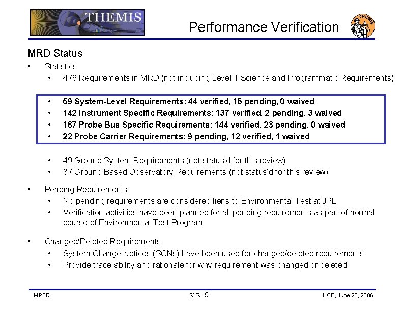 Performance Verification MRD Status • Statistics • 476 Requirements in MRD (not including Level