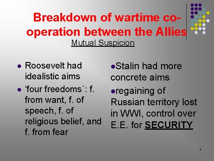 Breakdown of wartime cooperation between the Allies Mutual Suspicion l l Roosevelt had idealistic Breakdown of wartime cooperation between the Allies Mutual Suspicion l l Roosevelt had idealistic