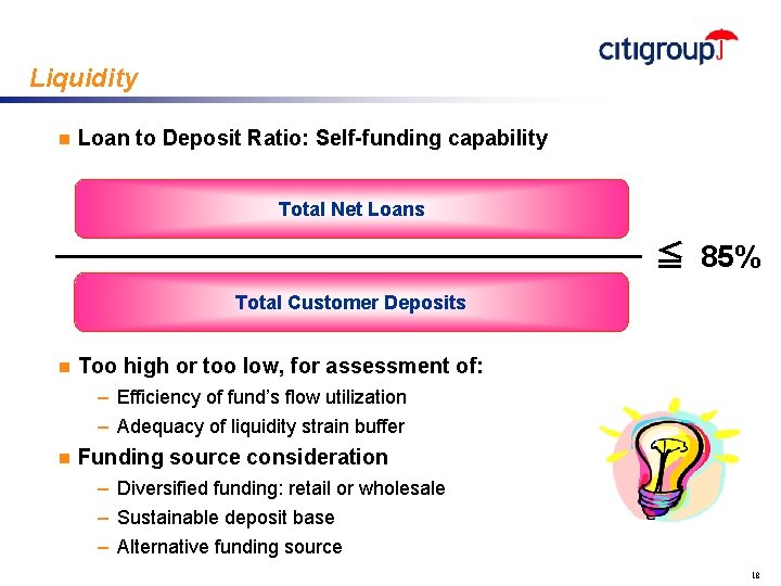 Liquidity n Loan to Deposit Ratio: Self-funding capability Total Net Loans ≦ 85% Total