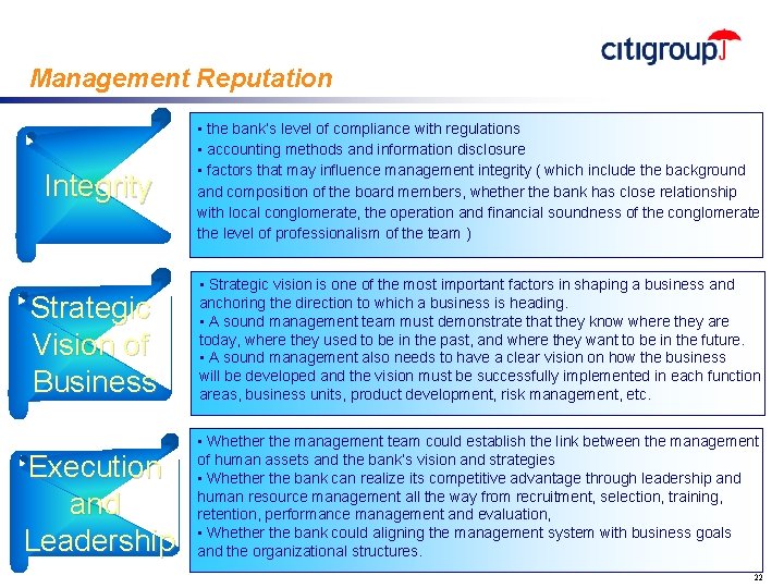 Management Reputation Integrity • the bank’s level of compliance with regulations • accounting methods