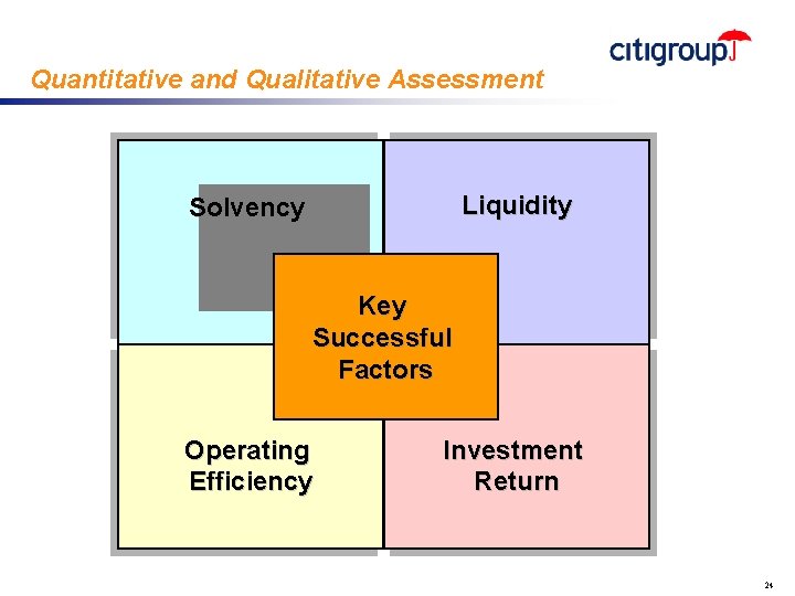 Quantitative and Qualitative Assessment Liquidity Solvency Key Successful Factors Operating Efficiency Investment Return 24