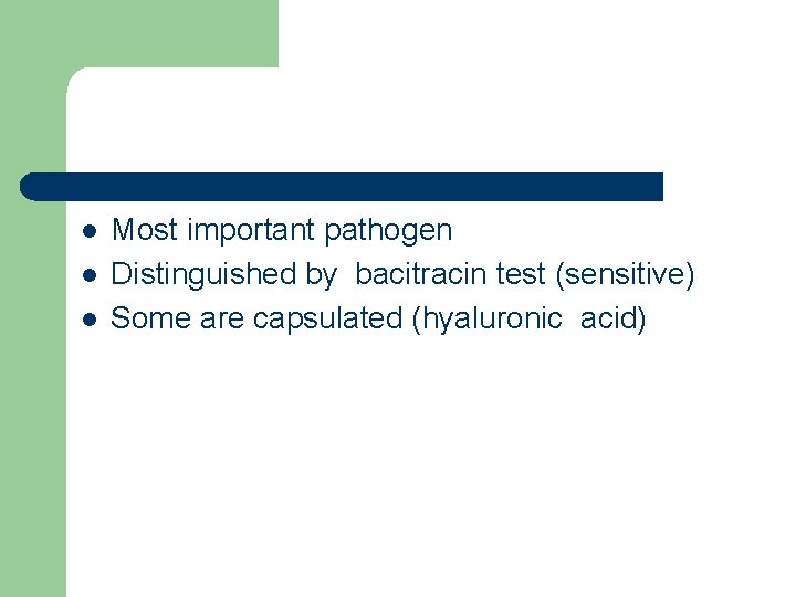 l l l Most important pathogen Distinguished by bacitracin test (sensitive) Some are capsulated