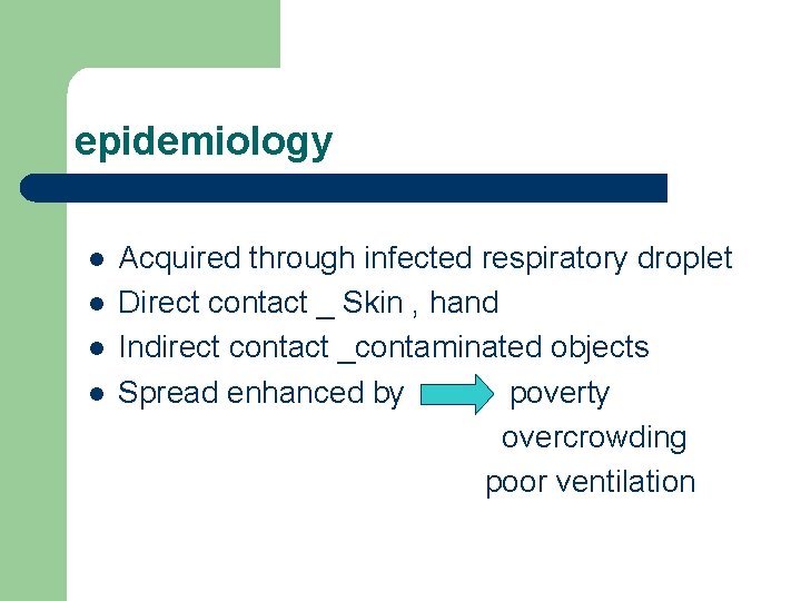 epidemiology l l Acquired through infected respiratory droplet Direct contact _ Skin , hand