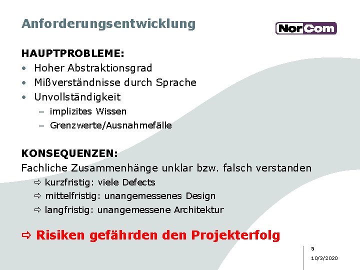 Anforderungsentwicklung HAUPTPROBLEME: • Hoher Abstraktionsgrad • Mißverständnisse durch Sprache • Unvollständigkeit – implizites Wissen