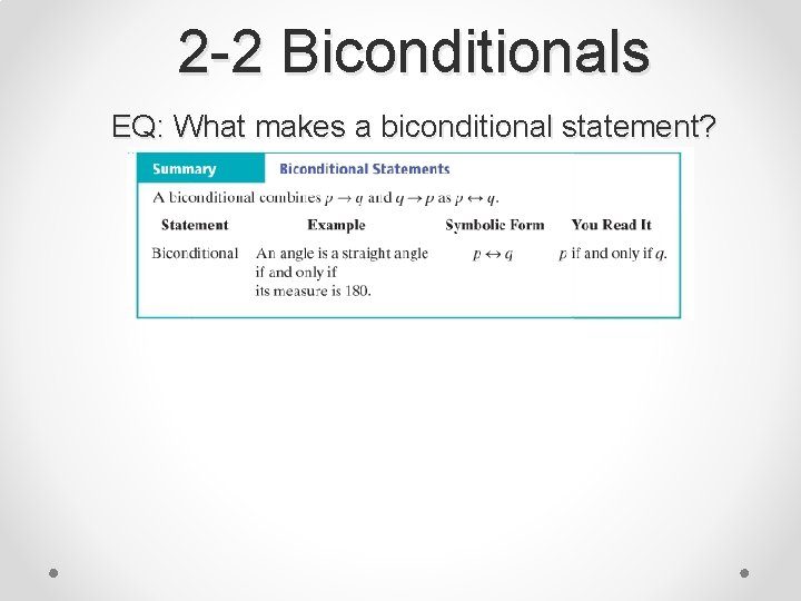 2 -2 Biconditionals EQ: What makes a biconditional statement? 