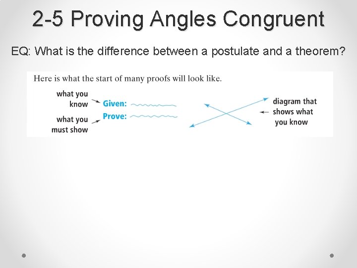 2 -5 Proving Angles Congruent EQ: What is the difference between a postulate and