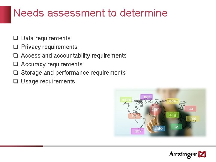 Needs assessment to determine q q q Data requirements Privacy requirements Access and accountability