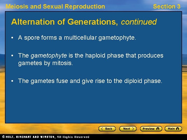 Meiosis and Sexual Reproduction Section 3 Alternation of Generations, continued • A spore forms