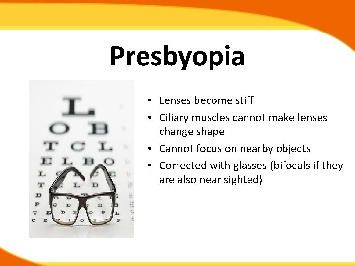 Presbyopia • Lenses become stiff • Ciliary muscles cannot make lenses change shape •