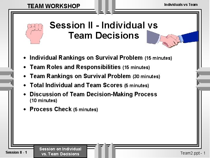 TEAM WORKSHOP Individuals vs Team Session II - Individual vs Team Decisions · Individual