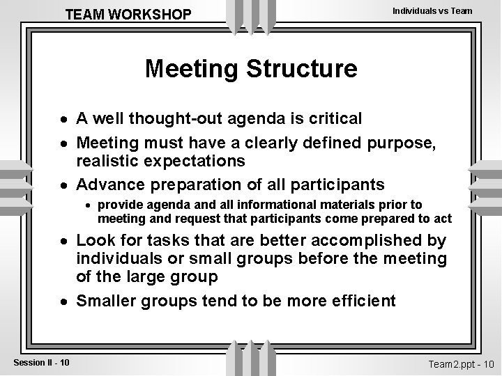 TEAM WORKSHOP Individuals vs Team Meeting Structure · A well thought-out agenda is critical