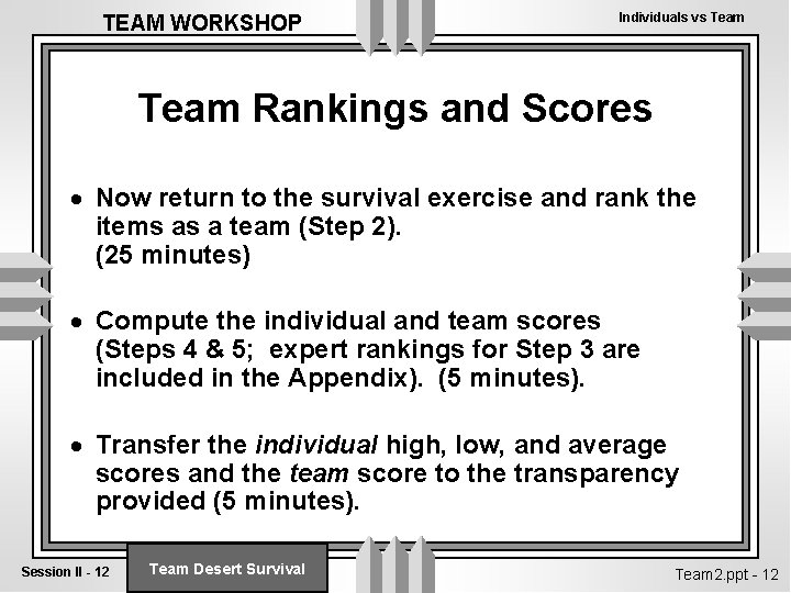 TEAM WORKSHOP Individuals vs Team Rankings and Scores · Now return to the survival