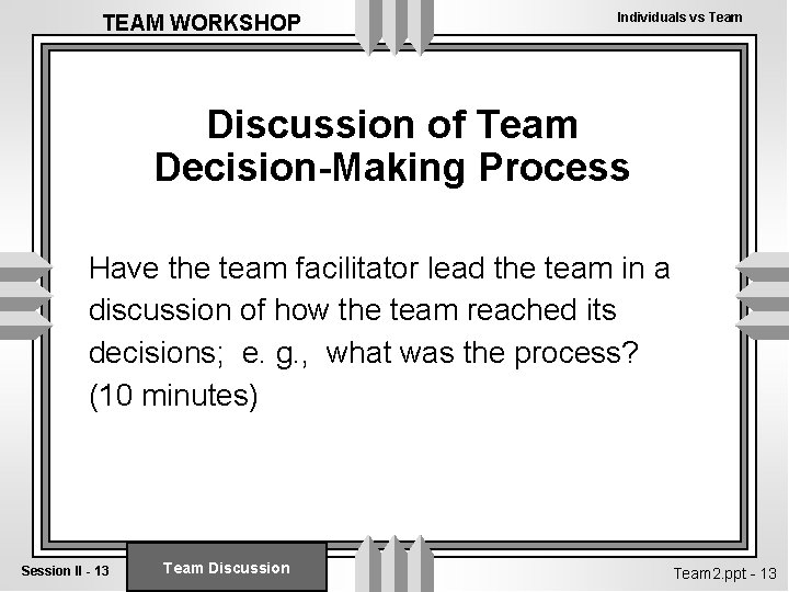 TEAM WORKSHOP Individuals vs Team Discussion of Team Decision-Making Process Have the team facilitator