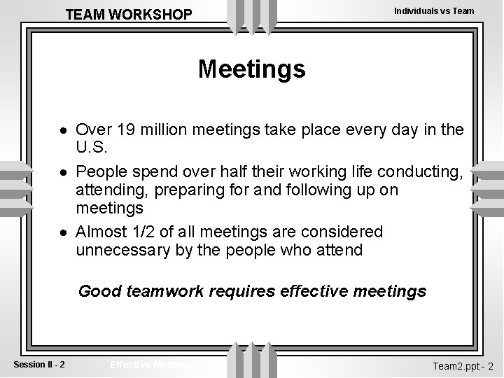 Individuals vs Team TEAM WORKSHOP Meetings · Over 19 million meetings take place every
