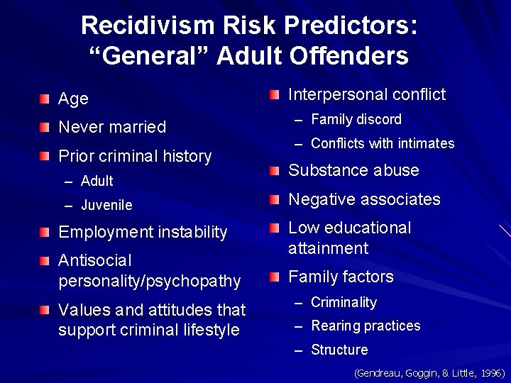 Recidivism Risk Predictors: “General” Adult Offenders Age Never married Prior criminal history – Adult